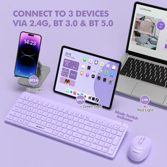 Ảnh của Bộ bàn phím chuột Micropack KM-268W 2.4G+Bluetooth Wirelesss Keyboard and Mouse Combo - Purple