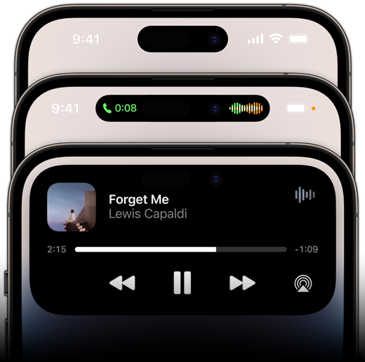 Màn hình của iPhone 14 Pro hiển thị ba trạng thái khác nhau của Dynamic Island.