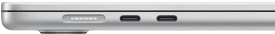 Cổng MagSafe nằm ở mặt sau xa nhất bên trái. Hai cổng Thunderbolt nằm ở mặt bên trái, phía trước cổng MagSafe