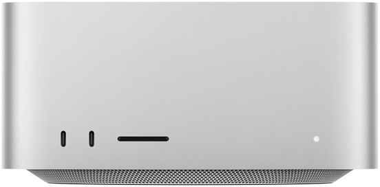 Hình ảnh mặt trước của Mac Studio có hai cổng USB-C ở góc phía dưới bên trái, khe thẻ SDXC, đèn báo trạng thái ở phía dưới bên phải và lỗ thông khí có thể thấy rõ từ dưới đáy