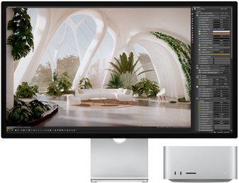 Mặt trước của Studio Display bên cạnh Mac Studio