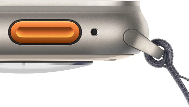 Apple Watch Ultra 2 thể hiện nút Tác Vụ màu cam và vỏ titan chắc chắn