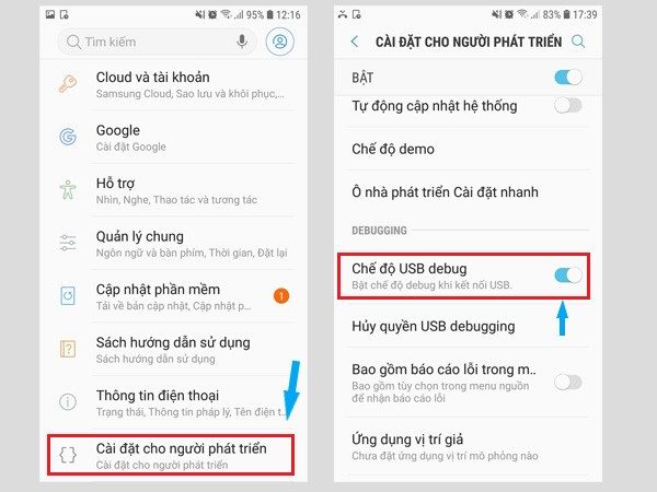 Cài đặt cho người phát triển -> Bật chế độ USB debug. Cài đặt cho người phát triển -> Bật chế độ USB debug.
