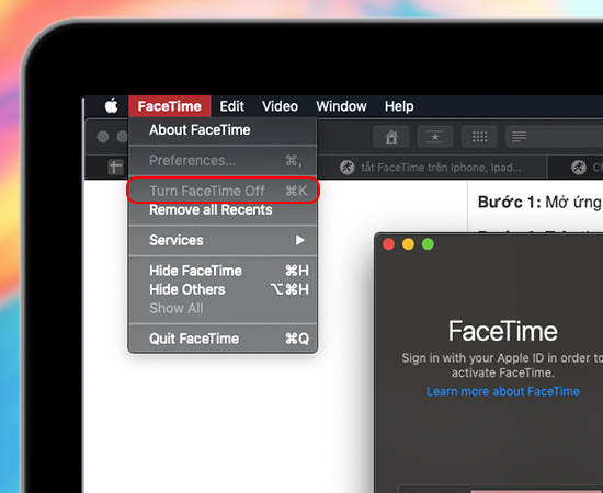 mở Facetime -> Click vào Turn Face Time Off để mở trạng thái Turn Face Time On. mở Facetime -> Click vào Turn Face Time Off để mở trạng thái Turn Face Time On.