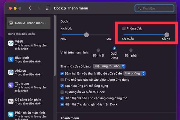 Thay đổi mức thu/phóng hiệu ứng khi di chuột vào ứng dụng trên thanh menu Dock
