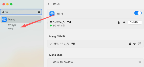 Tìm và chọn TCP/IP trên thanh tìm kiếm