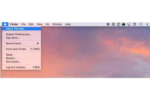 Click vào biểu tượng quả táo -> About this Mac Click vào biểu tượng quả táo -> About this Mac