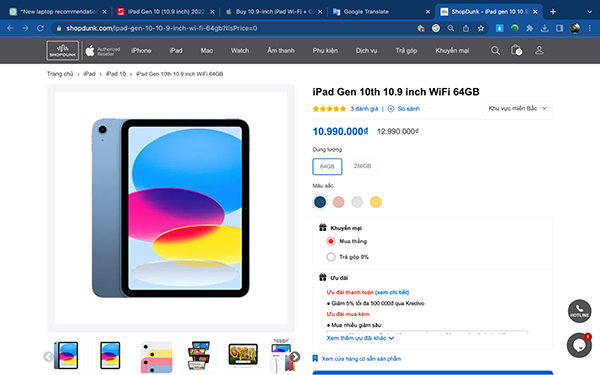 Mức giá hiện tại của Ipad Gen 10 là 10,99 triệu VNĐ cho 64GB