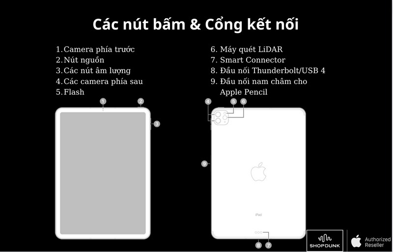 Hình minh hoạ các nút bấm và cổng kết nối trên iPad Pro M2