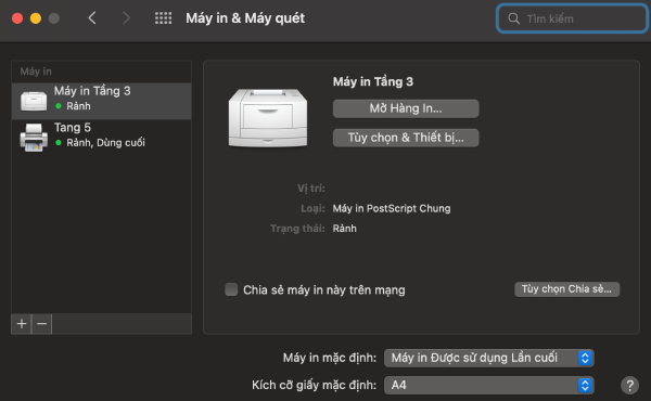 Chọn máy in mặc định