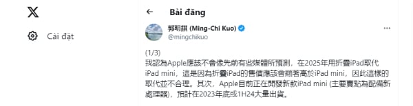 Ming-Chi Kuo dự đoán iPad mini 7 sẽ ra mắt vào cuối năm 2023 hoặc đầu năm 2024