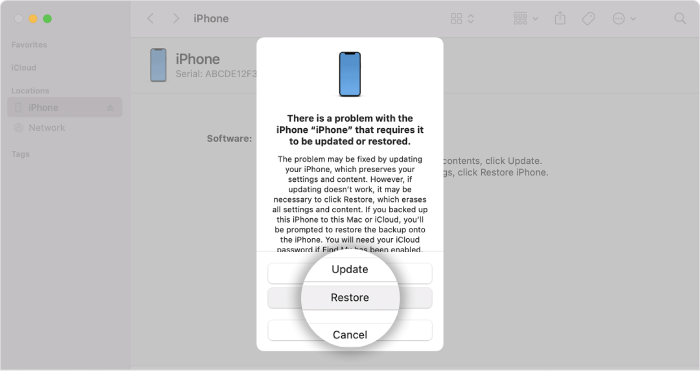 3 cách xử lý iPhone 14 quên mật khẩu cực đơn giản! 4 Nhấn chọn “restore” - khôi phục khi màn hình hiển thị thông báo nảy như trên