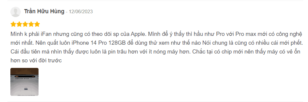 Đánh giá của bạn Trần Hữu Hùng về thời gian sử dụng pin iPhone 14 Pro