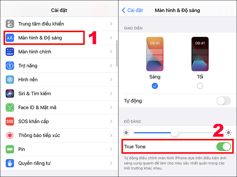 Gạt thanh trạng thái sang phải để bật chế độ, sang trái để tắt chế độ True Tone Gạt thanh trạng thái sang phải để bật chế độ, sang trái để tắt chế độ True Tone