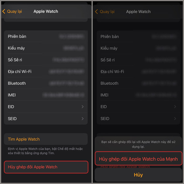 Hủy ghép đôi Apple Watch